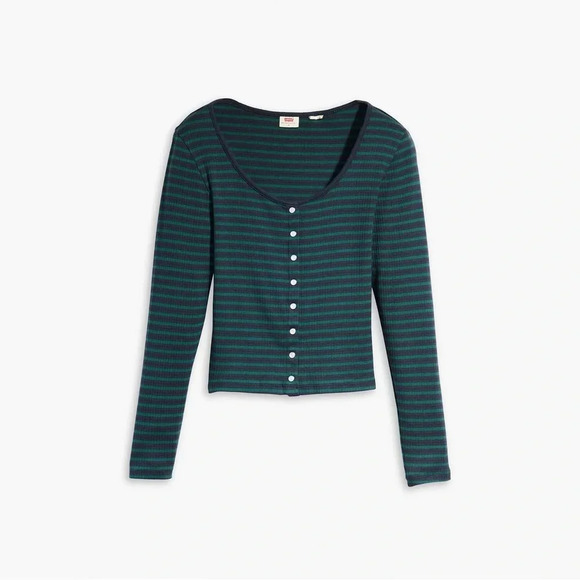 Levi’s Women’s LONG SLEEVE BRITT SNAP FRONT TOP  Green and Navy Stripes Size XL - Picture 4 of 12